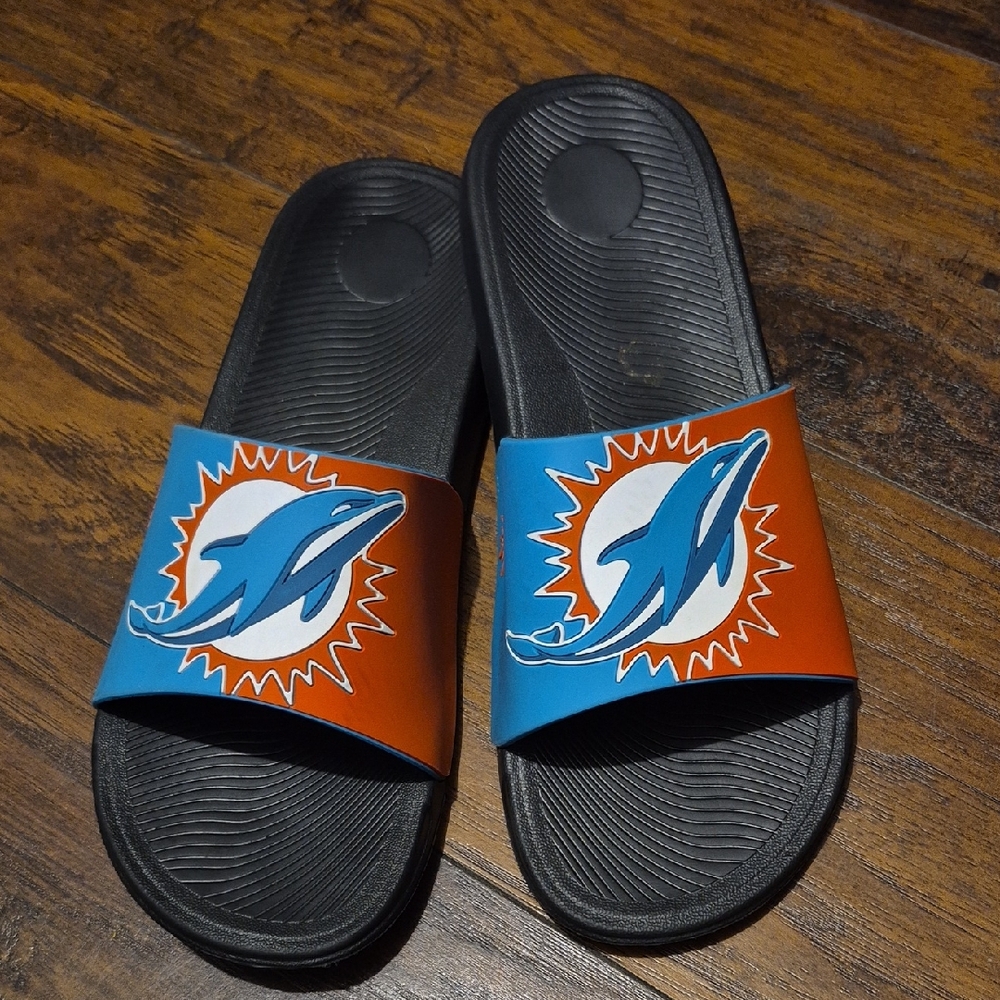 Miami Dolphins Mens Black Slide Sandals with Blue & Orange Strap